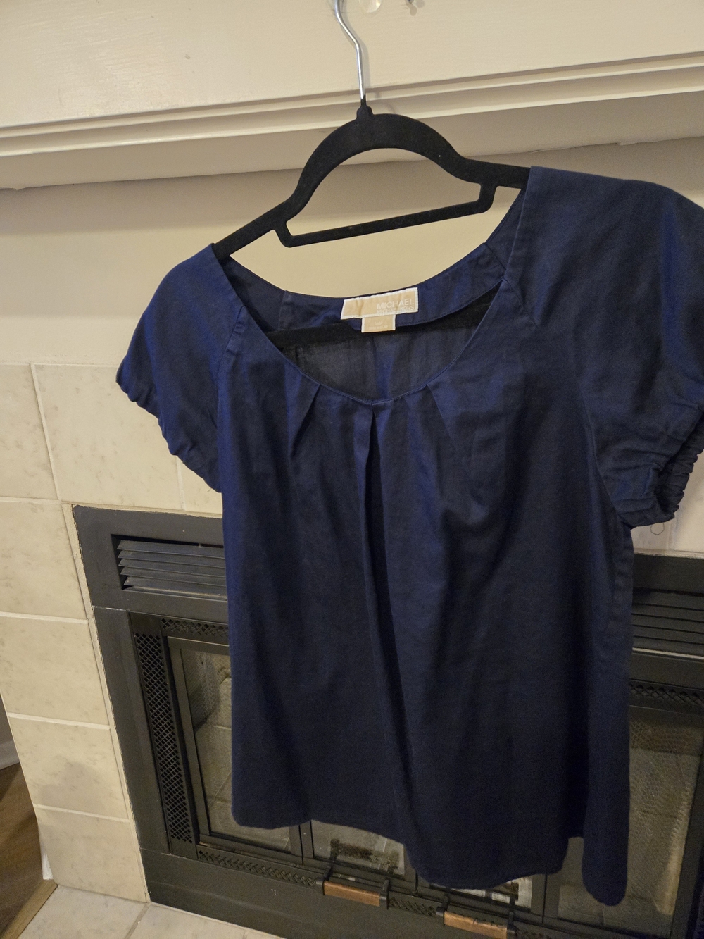 Michael Kors Deep Navy Scoop Neck Pleated Short Sleeve Blouse